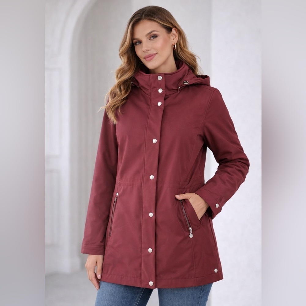 Liz Claiborne, size L, Women’s Burgundy Puffer Jacket, waffle hood and elbow